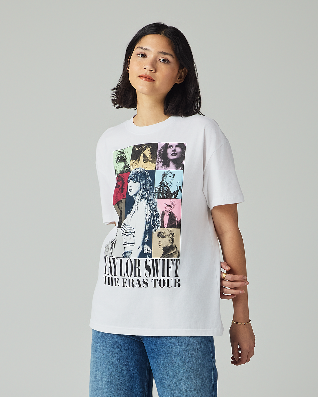Taylor Swift | The Eras Tour Through LA White T-Shirt S model close up front