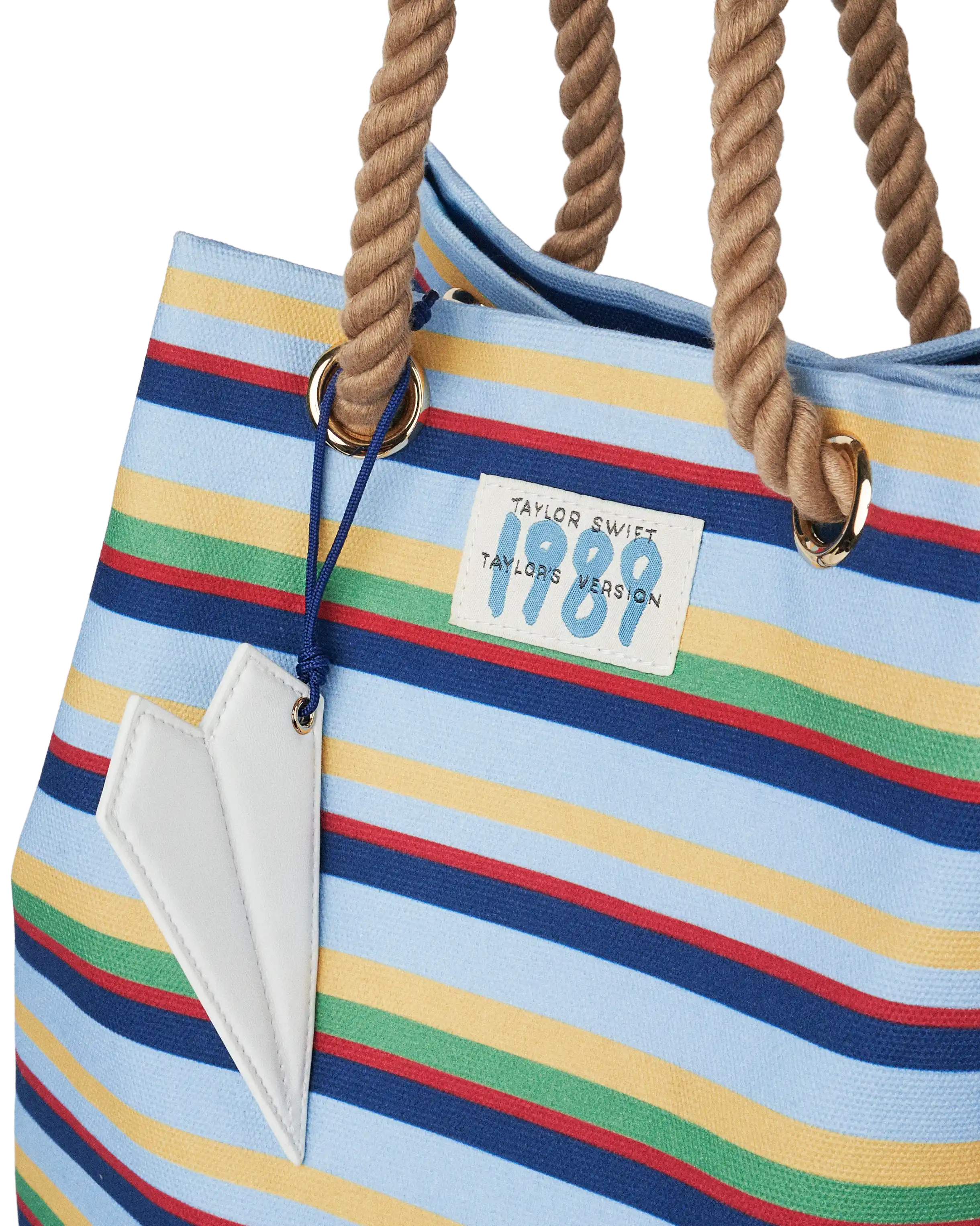 1989 Striped Bucket Bag woven label and faux leather paper plane charm detail