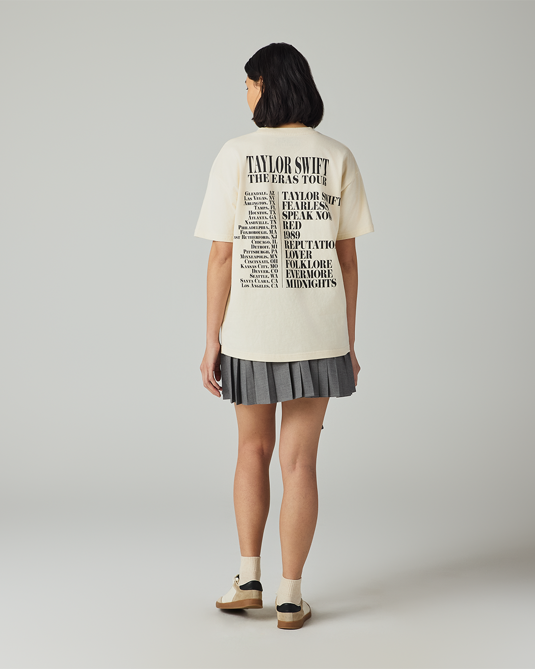 Taylor Swift | The Eras Tour Through LA Beige T-Shirt S size model back full length