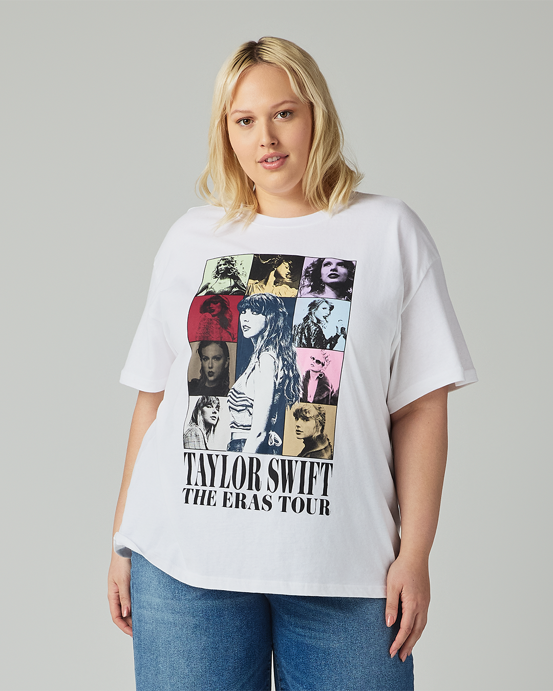 Taylor Swift | The Eras Tour Through LA White T-Shirt 2XL model close up front