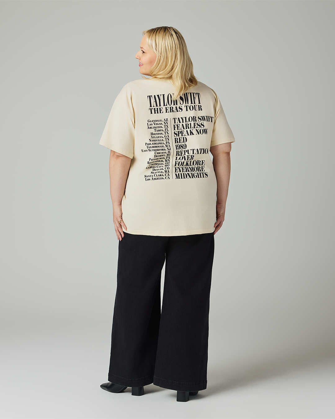 Taylor Swift | The Eras Tour Through LA Beige T-Shirt 2XL size model back full length