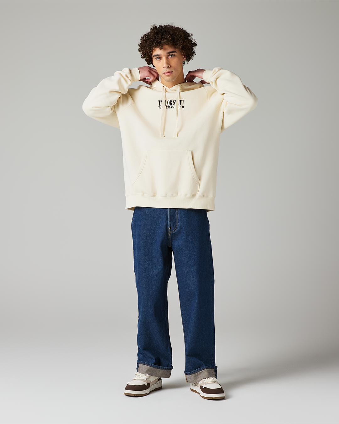 Taylor Swift | The Eras Tour I Beige Hoodie L model front full length