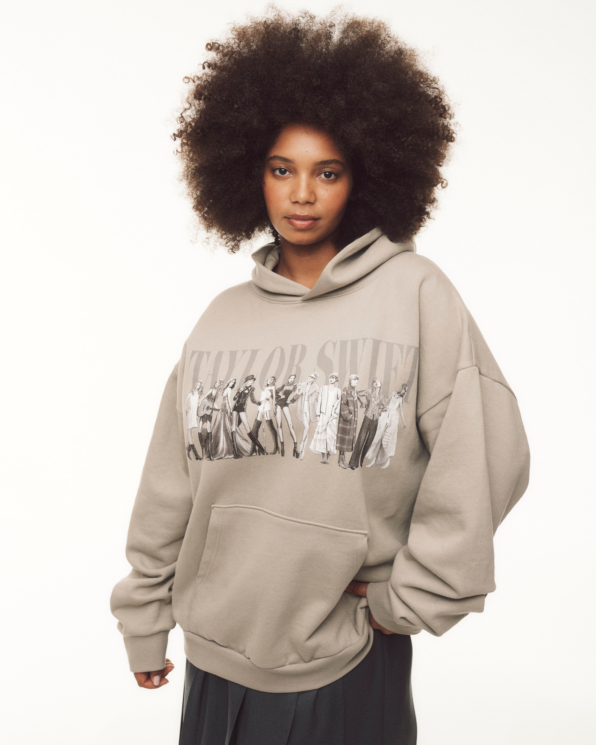 TTPD Eras Beige Hoodie Female Model 2 Close-Up