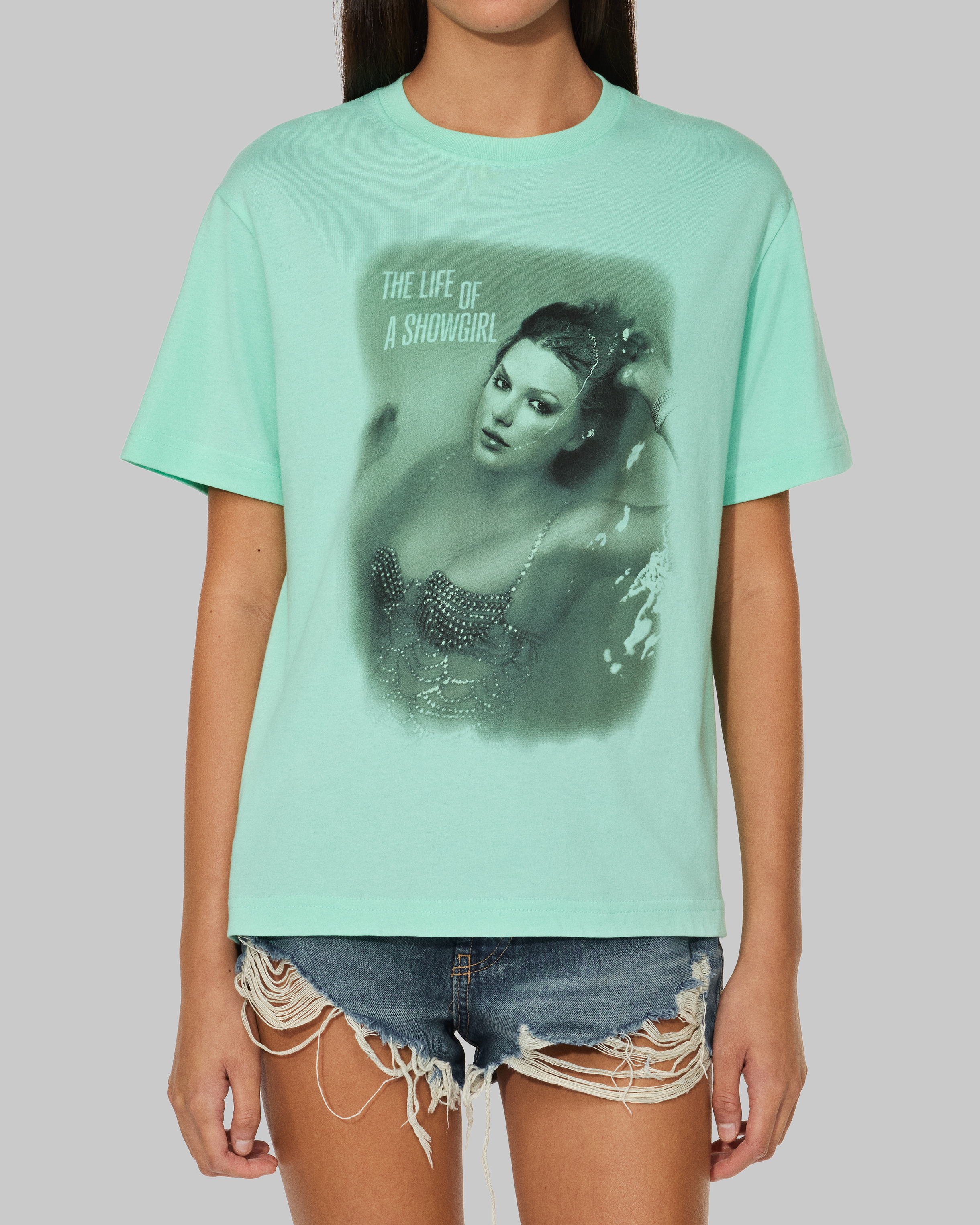 The Life of a Showgirl Mint T-Shirt front on Model