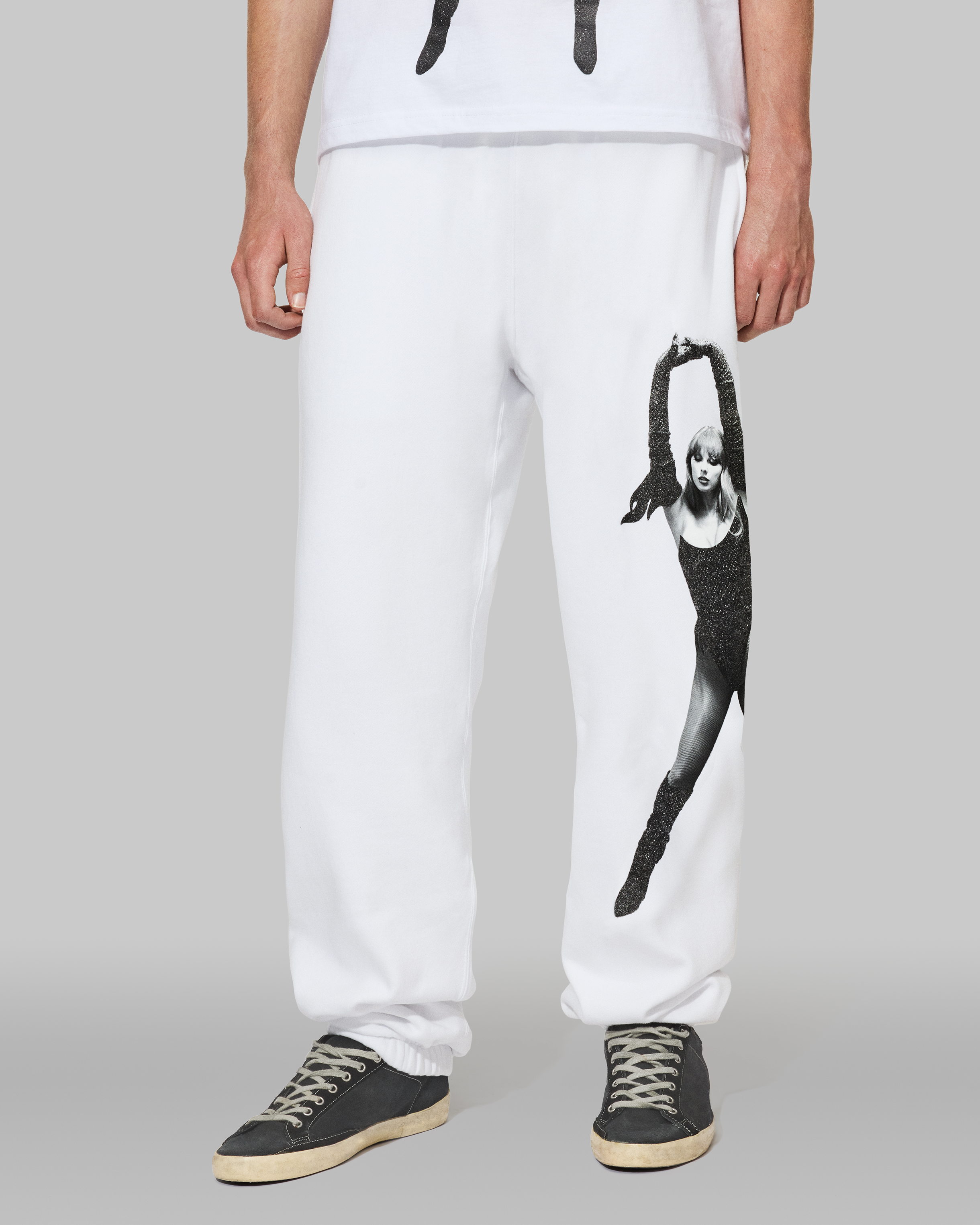 The Life of a Showgirl Shiny Bug White Sweatpants Front on Model