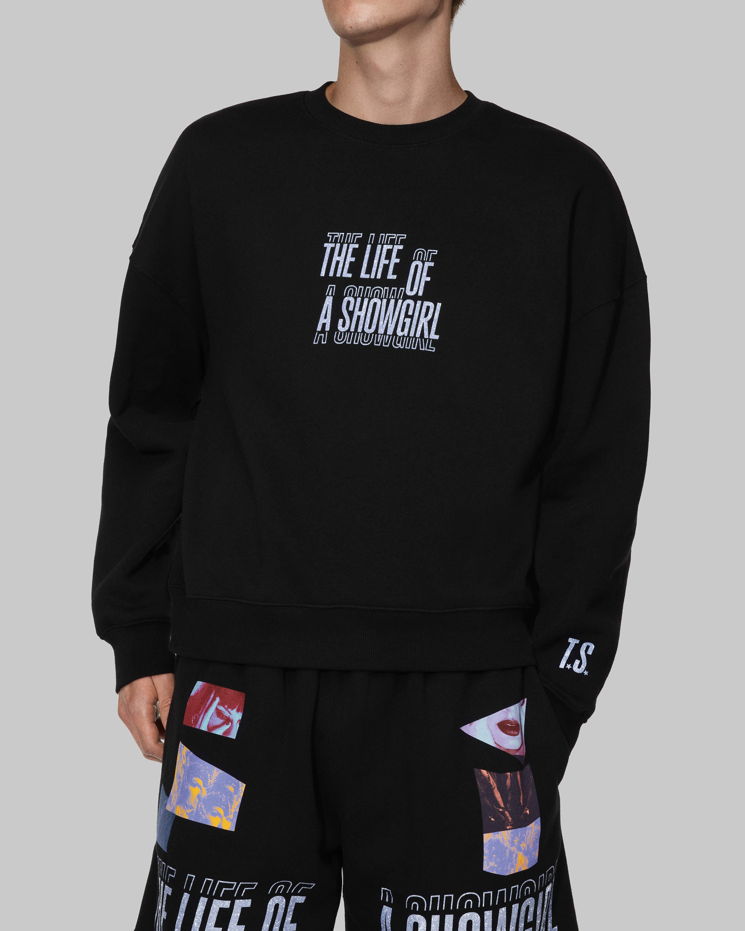 The Life of a Showgirl Film Strip Black Crewneck Sweatshirt Front on Model
