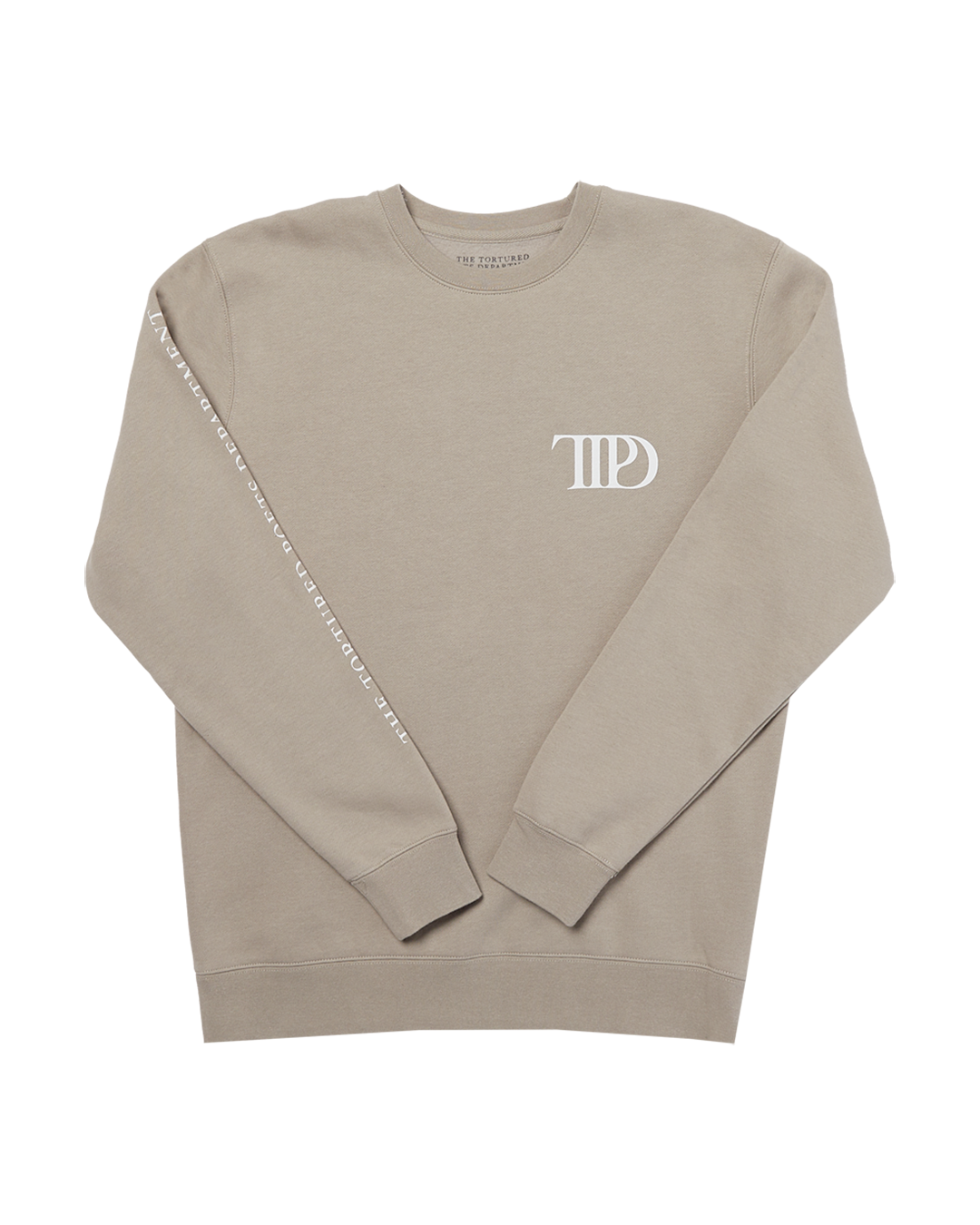 The Tortured Poets Department Beige Crewneck front with sleeves folded