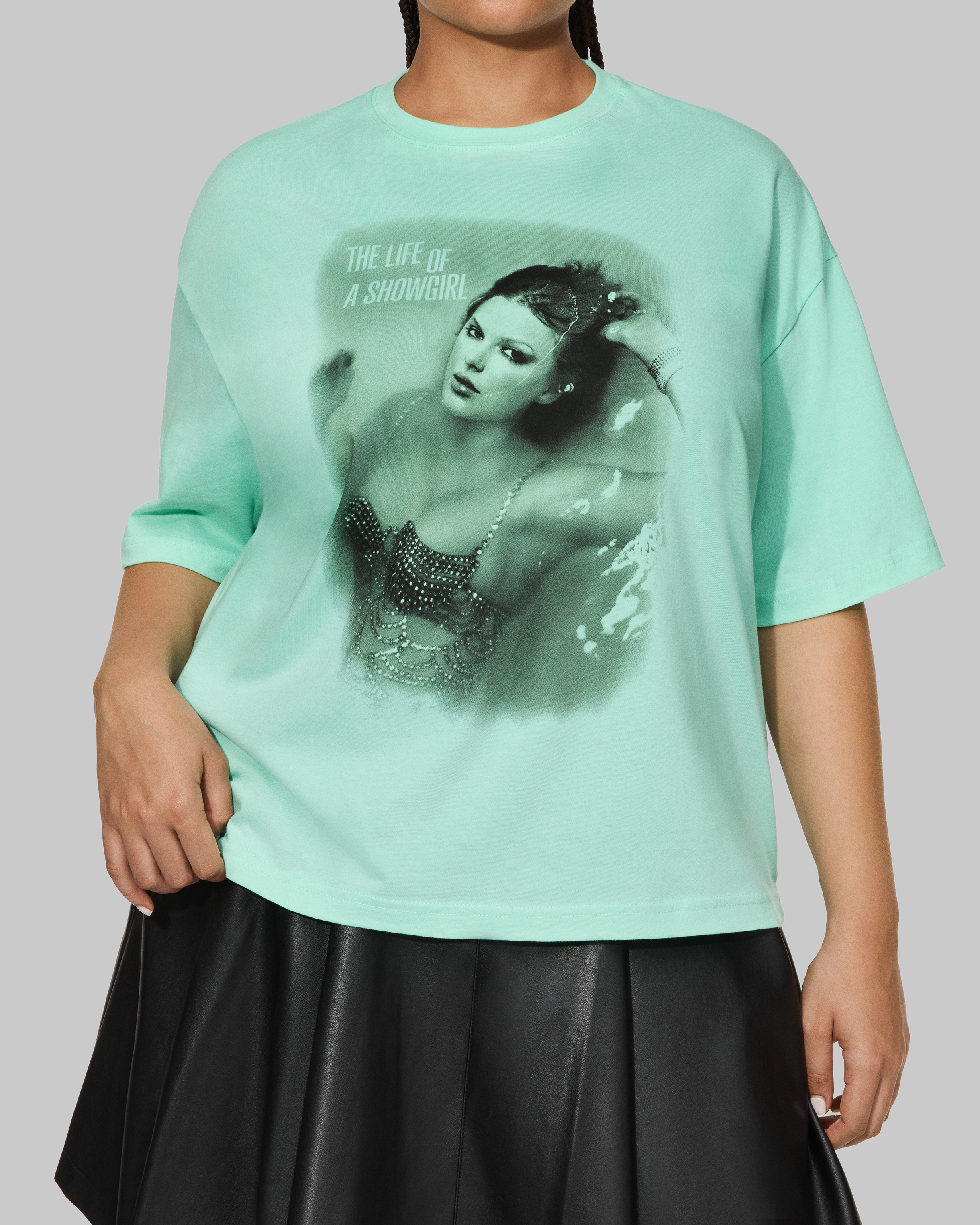 The Life of a Showgirl Mint T-Shirt Front on Model