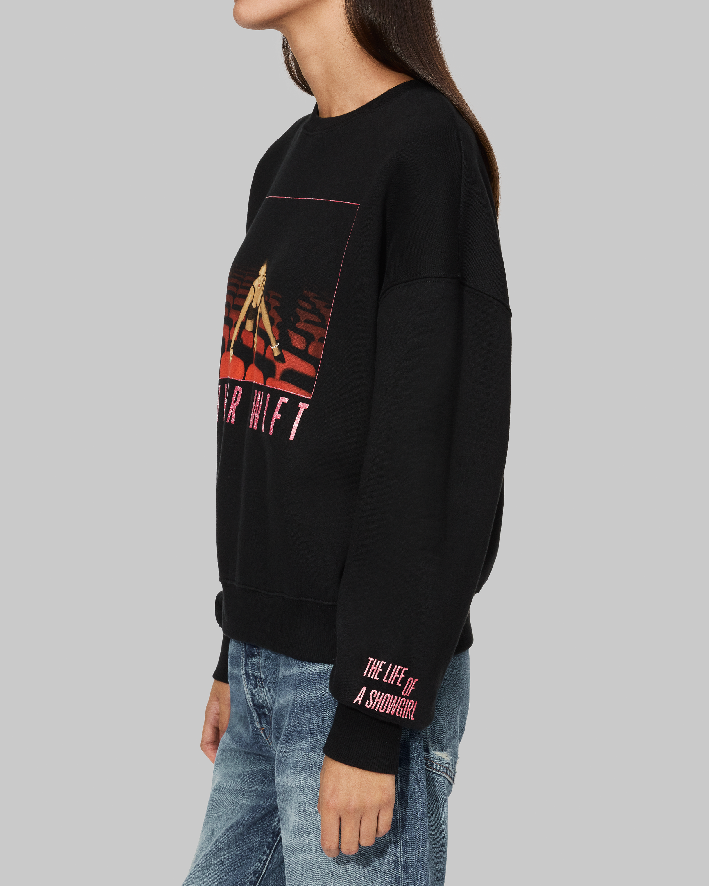 The Life of a Showgirl It's Frightening Black Crewneck Sweatshirt On Model Side