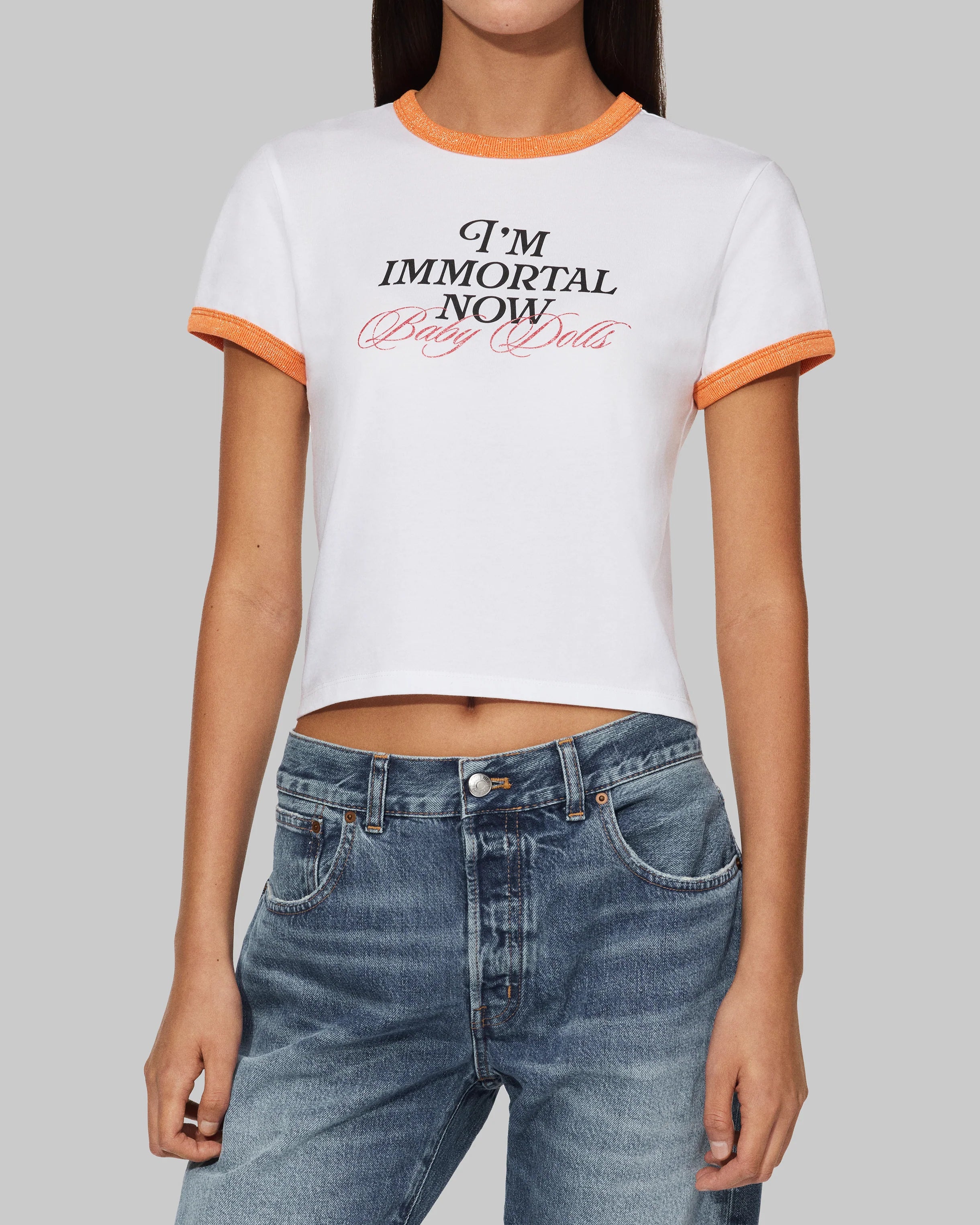 I'm Immortal Now Baby Dolls Baby T-Shirt on Model Front